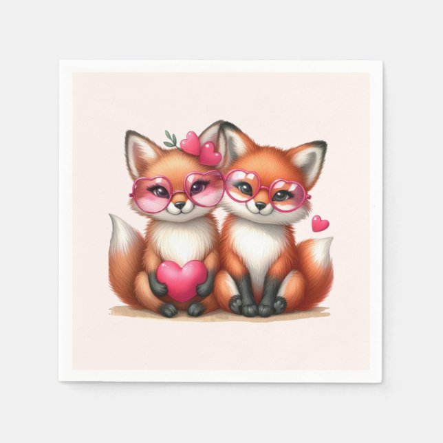 Serviette En Papier Les mignons renards orange en amour (Devant)