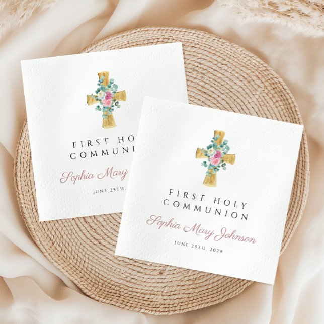 Serviette En Papier Les pivoines florales roses traversent la première (Pink Floral Peonies Cross First Communion Napkins)