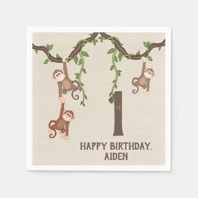 Serviette En Papier Les singes mignons 1er anniversaire de l'enfant (Devant)