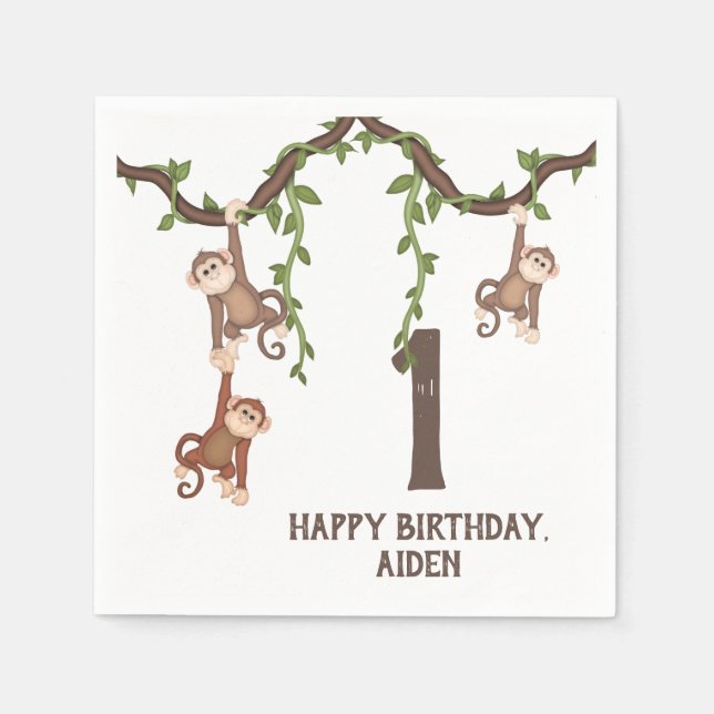 Serviette En Papier Les singes mignons 1er anniversaire de l'enfant (Devant)