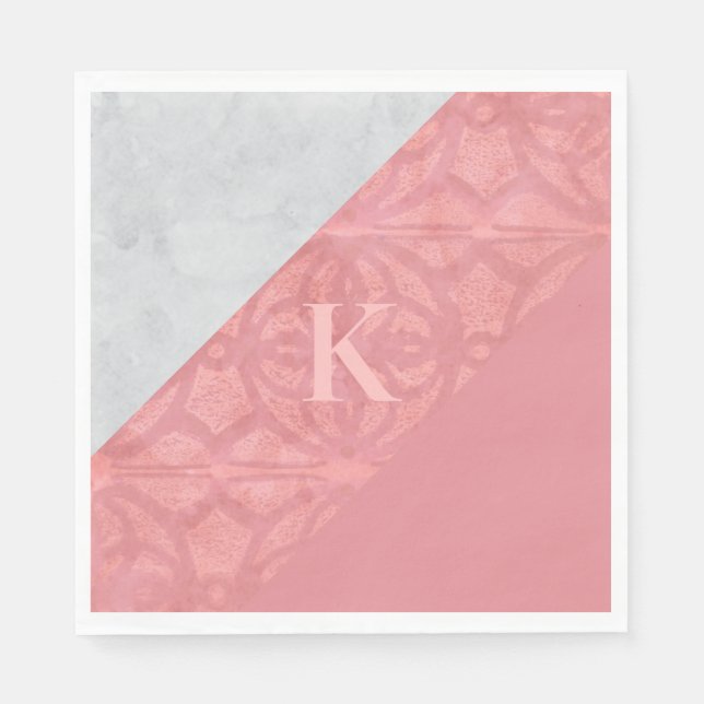 Serviette En Papier LETTRE Batik Rose Ruddy ET Aquarelle Grise (Devant)