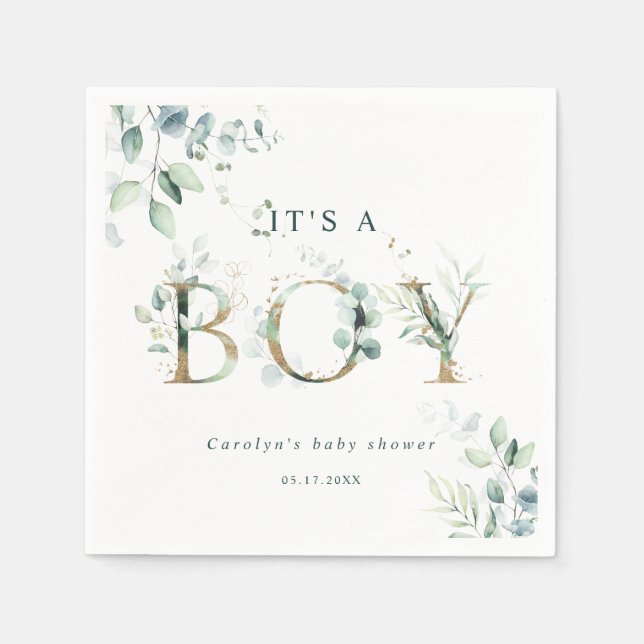 Serviette En Papier LETTRE BOtanique D'OR Eucalyptus Baby shower (Devant)