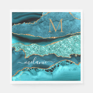 Serviette En Papier Lettre d'or bleu Turquoise d'Agate Aqua Turquoise