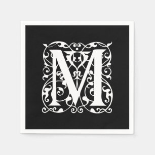Serviette En Papier Lettre élégante M Blanc sur Monogramme noir
