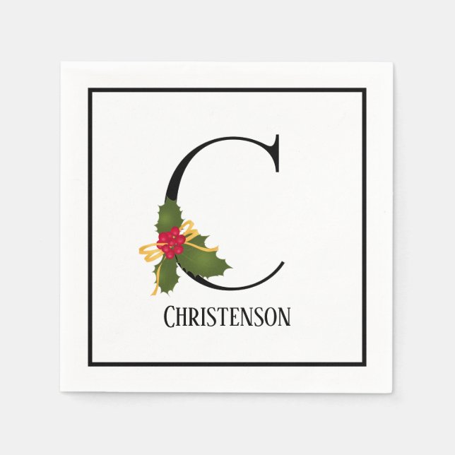 Serviette En Papier Lettre Monogramme C Holiday Holly Papier personnal (Devant)