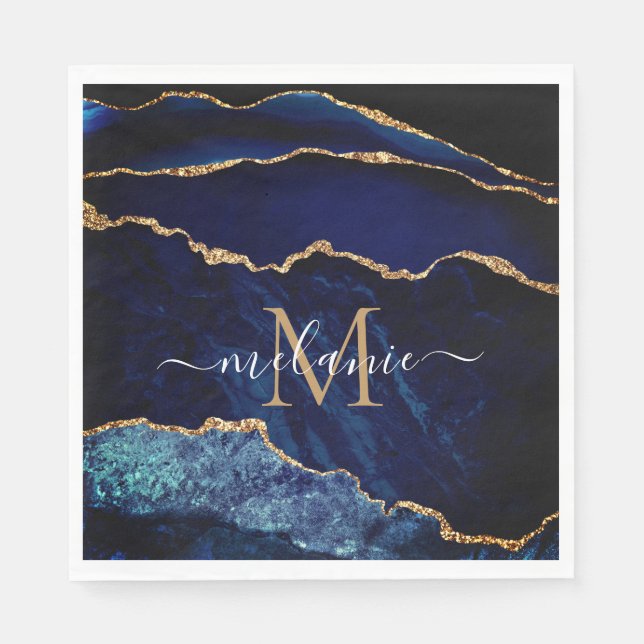 Serviette En Papier Lettre monogramme Nom Agate Marine Blue Gold Napki (Devant)
