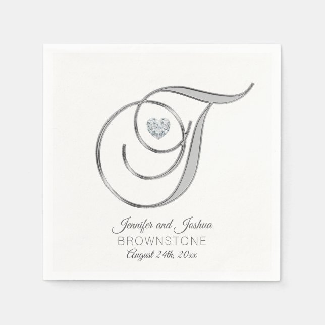 Serviette En Papier Lettre Monogramme personnalisée T Mariage argent (Devant)
