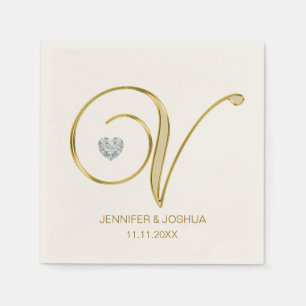 Serviette En Papier Lettre Monogramme personnalisée V Mariage de coeur