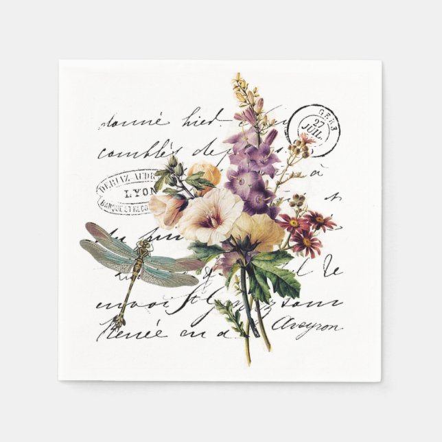 Serviette En Papier libellule et fleurs (Devant)