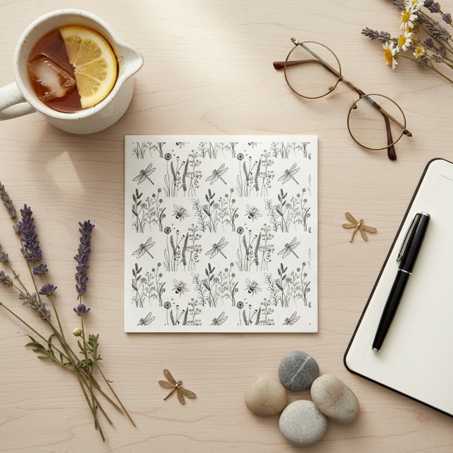 Serviette En Papier Libellules Élégantes & Fleurs Sauvages (Créateur téléchargé)