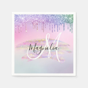 Serviette En Papier Licorne de Glam Rainbow Ombré Paillettes Rose Mono