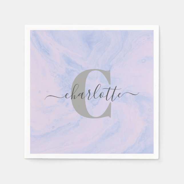 Serviette En Papier Lilac Lavender Marbre Élégant Nom du monogramme (Devant)