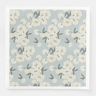 Serviette En Papier Line Drawn Peony in Cream on Light Blue-Napkin