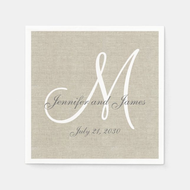 Serviette En Papier Linge beige Gris Blanc Monogramme Mariage Keepsaké (Devant)