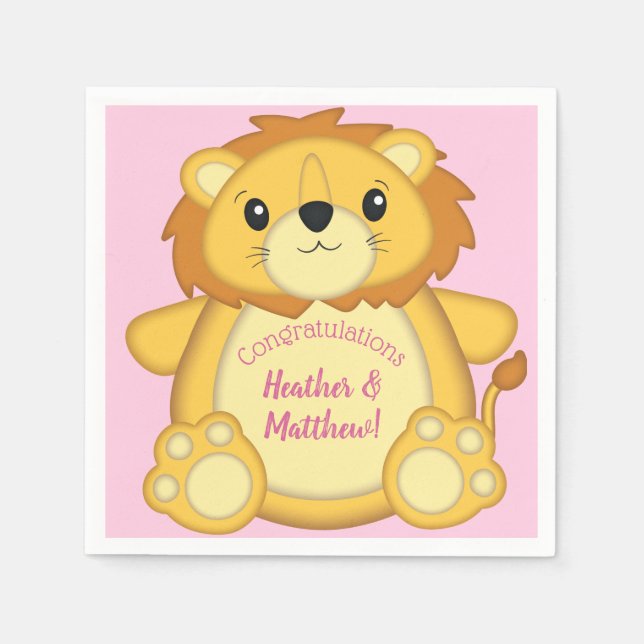 Serviette En Papier Lion Baby shower rose (Devant)