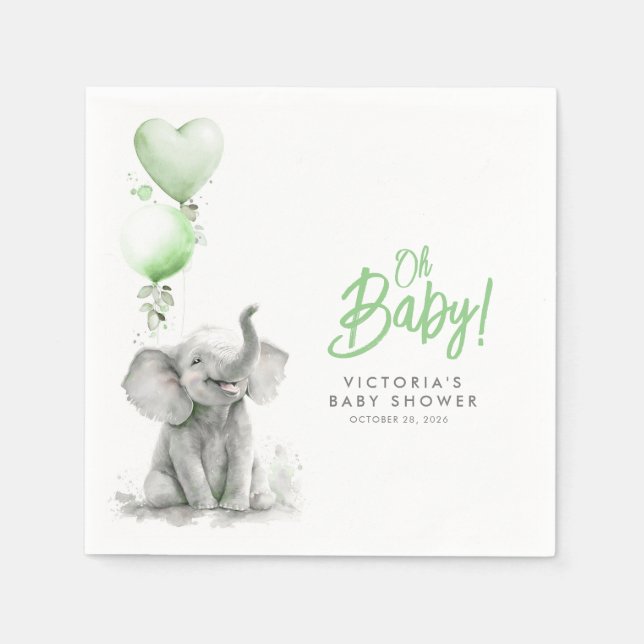 Serviette En Papier Little Elephant mignon vert et gris Baby shower (Devant)