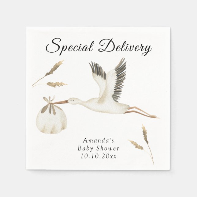 Serviette En Papier Livraison spéciale Baby shower de cigogne d'aquare (Devant)