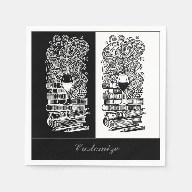 Serviette En Papier Livres Et Vins Noirs Et Blancs 2 (Devant)