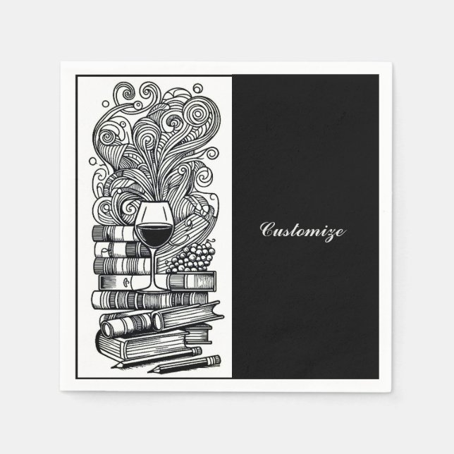 Serviette En Papier Livres Et Vins Noirs Et Blancs 4 (Devant)