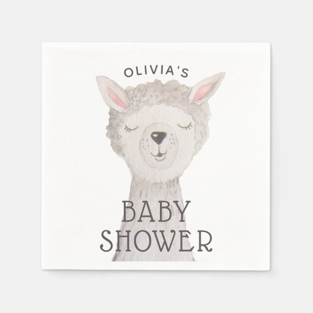Serviette En Papier Llama Baby Shower | Neutral Cute Watercolor Alpaca (Devant)
