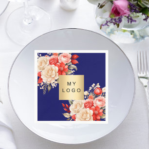 Serviette En Papier Logo d'entreprise bleu marine florales d'ivoire ro