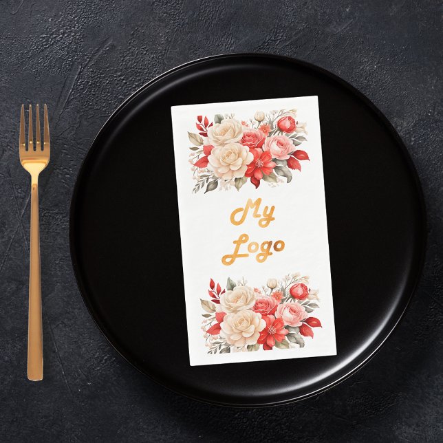 Serviette En Papier Logo d'entreprise florale rouge ivoire blanc (Créateur téléchargé)