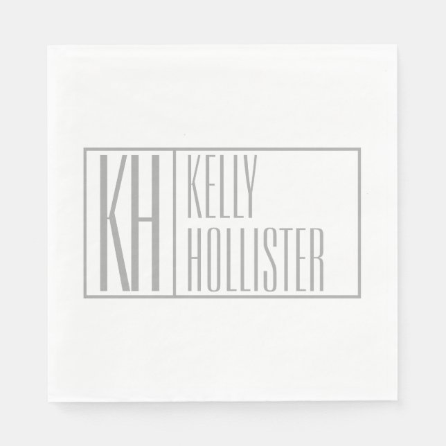 Serviette En Papier Logo Moderne Grey Initiales & Nom (Devant)