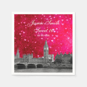 Serviette En Papier Londres UK Skyline Rose Chaud Rouge Coeur Sweet 16
