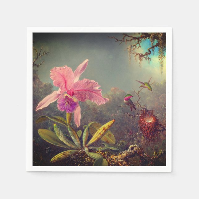 Serviette En Papier L'orchidée de Cattleya et trois colibris Heade (Devant)