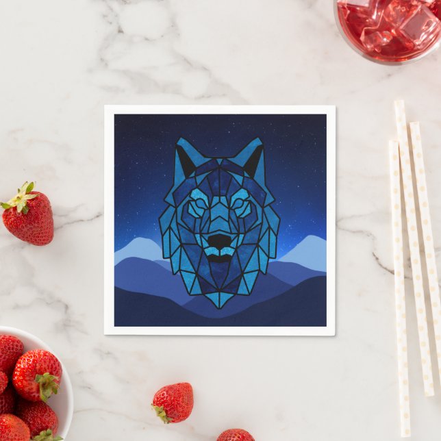 Serviette En Papier Loup bleu géométrique (En situation)