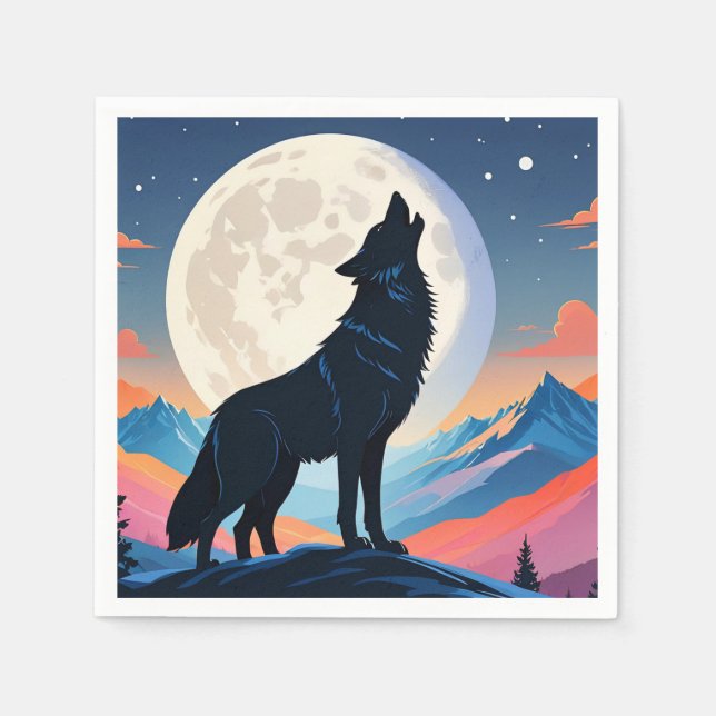 Serviette En Papier Loup hurlant Sur La Lune (Devant)