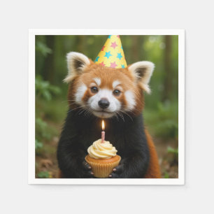 Serviette En Papier L'ours rouge Panda tient un gâteau d'anniversaire