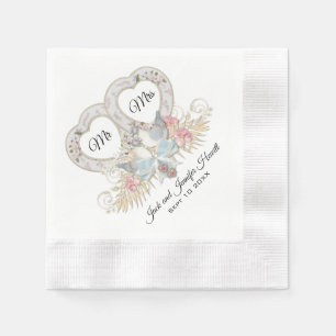 Serviette En Papier Love Doves Coeurs et Fleurs