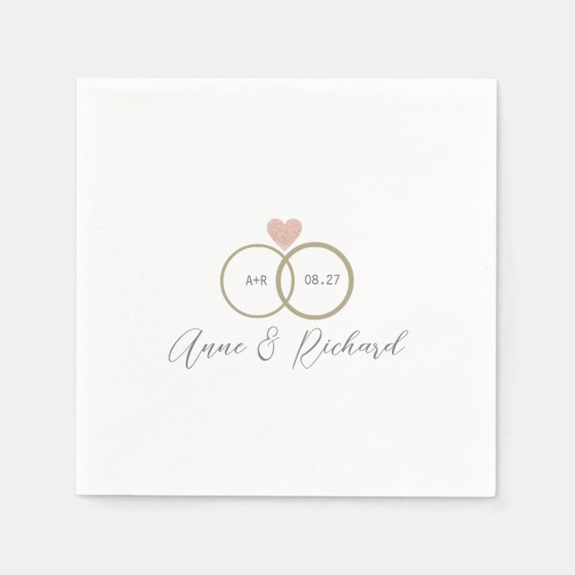 Serviette En Papier Love Heart Mariage Anneaux Personnalisé Blanc (Devant)
