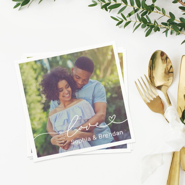 Serviette En Papier Love Heart Script Mariage personnalisé Photo (Créateur téléchargé)