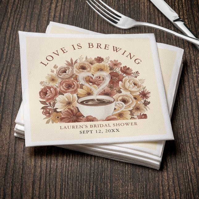 Serviette En Papier Love is Brewing Brown Floral Coffee Heart Bridal (Love is Brewing Brown Floral Coffee Heart Bridal Napkins
)