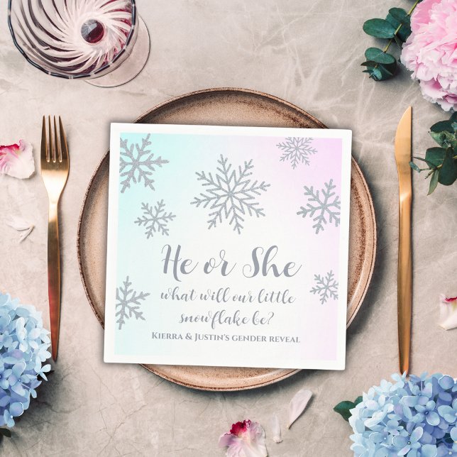Serviette En Papier Lui ou elle Winter Wonderland Genre Revevela Party (winter wonderland gender reveal party napkins silver glitter snowflake baby pink and blue)