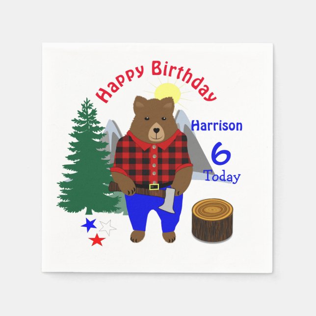 Serviette En Papier Lumberjack mignonne Ours Plaid Joyeux Anniversaire (Devant)