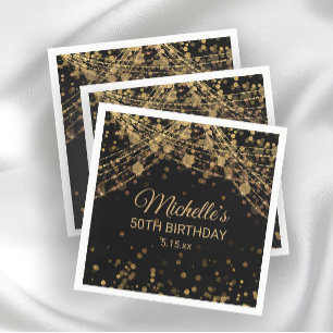 Serviette En Papier Lumières à cordes en or noir Glitter Anniversaire