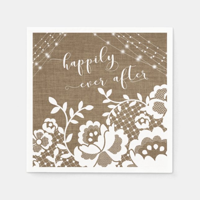 Serviette En Papier Lumières Burlap & Dentelle Blanche Heureux Jamais  (Devant)
