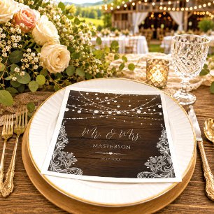 Serviette En Papier Lumières de Chaîne en Bois Rustique et Mariage en