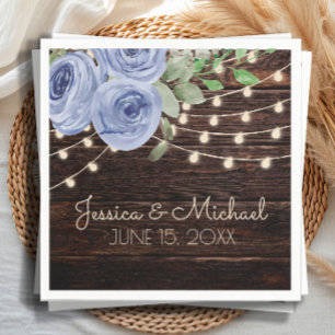 Serviette En Papier Lumières de Chaîne en Bois Rustique Floral Bleu Ma