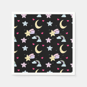 Serviette En Papier Lune, étoiles et nuages Motif sur noir