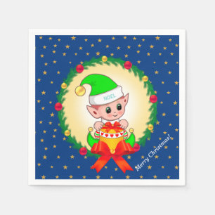 Serviette En Papier Lutin de Noël, couronne de pin et étoiles sur fond