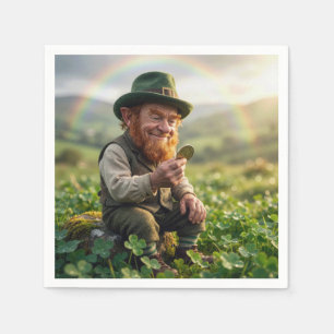 Serviette En Papier Lutin Irlandais Admirant une Pièce d'Or