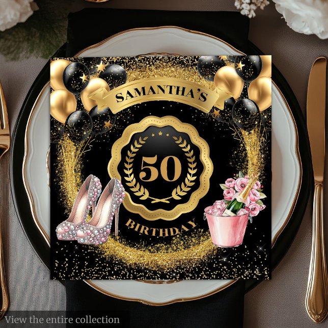 Serviette En Papier Luxe Black Balloons serviettes avec Gold Parties s (Luxe Black Balloons Napkins with Gold Glitter Art

)