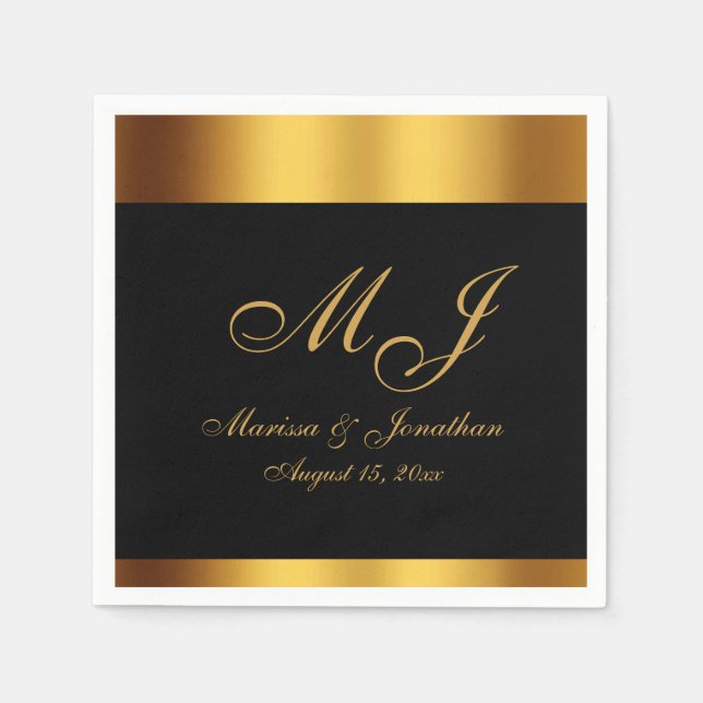 Serviette En Papier Luxe Black Gold Calligraphie Monogramme Mariage (Devant)