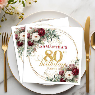 Serviette En Papier Luxe Boho Bourgogne Floral Or 80e Anniversaire