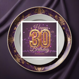 Serviette En Papier Luxueux violet et pierre à gemmes d'or 30e anniver