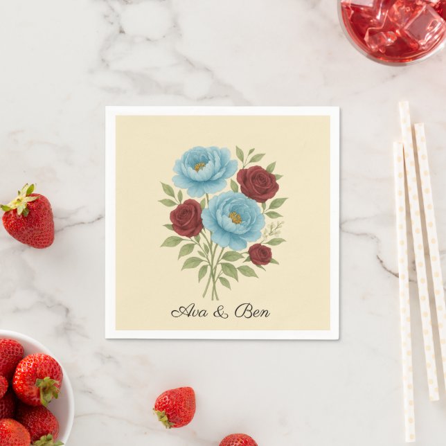 Serviette En Papier Lyons Blue Peony et Fig Purple Rose Mariage (En situation)
